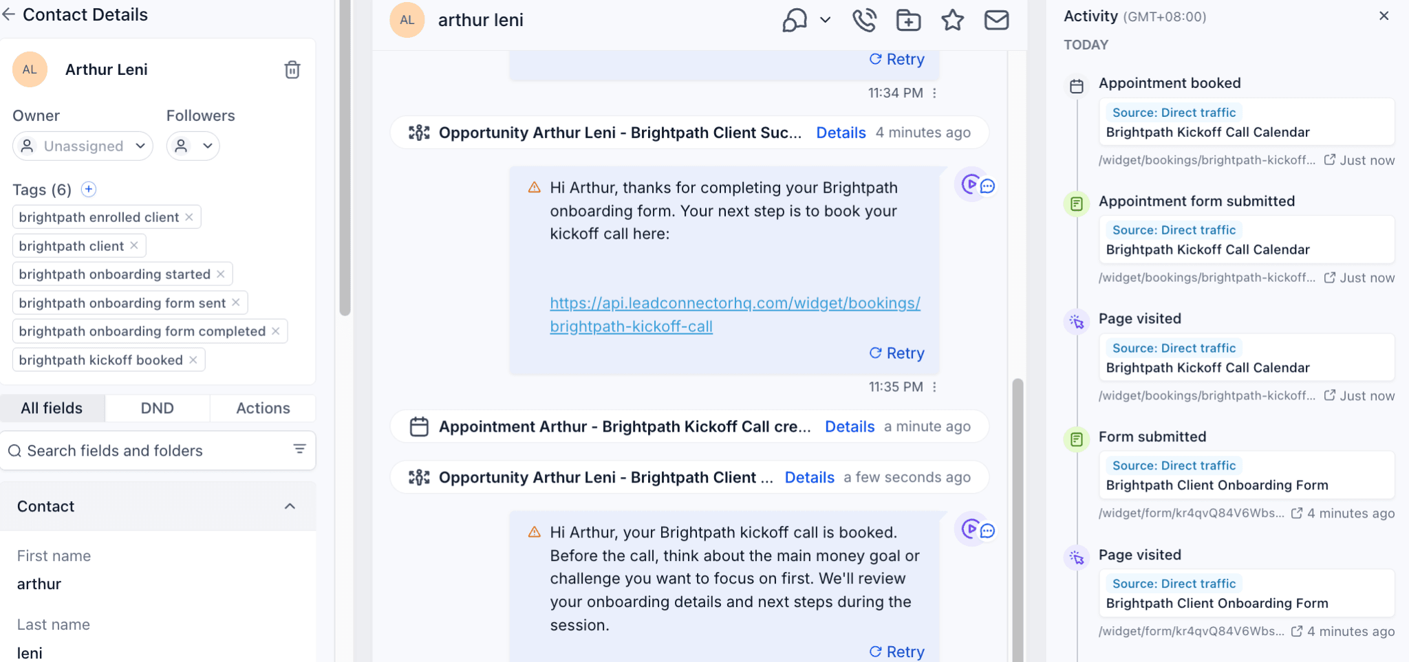 Sample client activity for Arthur Leni showing onboarding workflow activity and kickoff booking events.