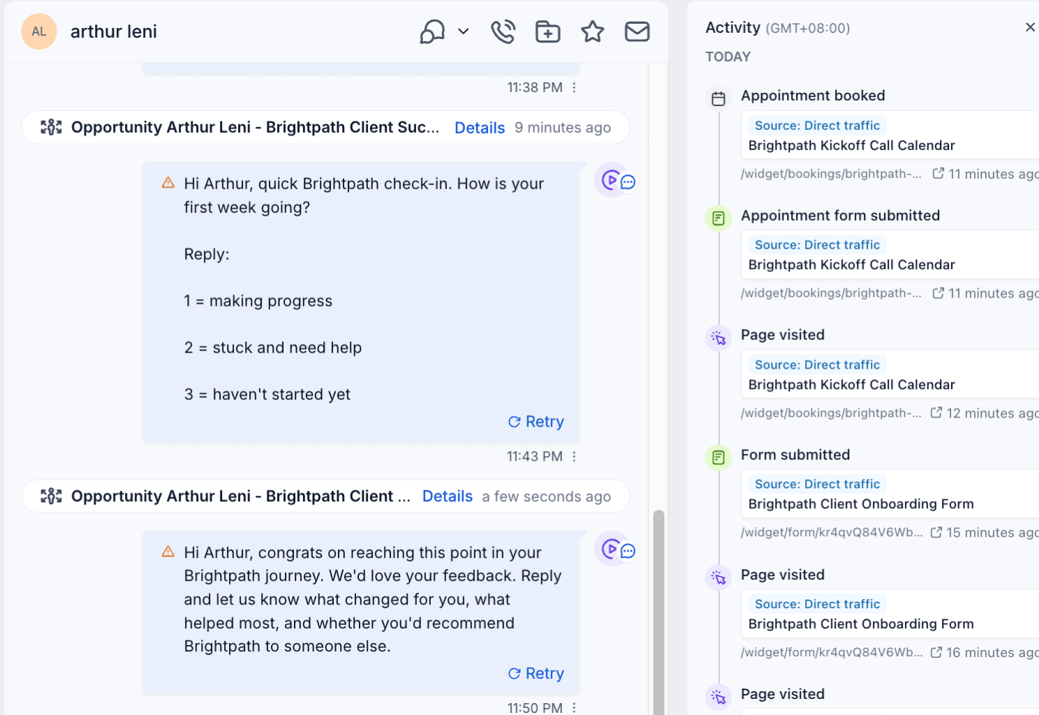 Sample client activity for Arthur Leni showing retention check-in, completion, and review follow-up workflow events.