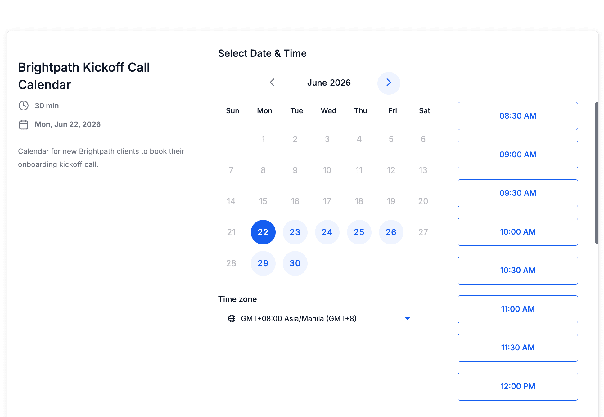 Brightpath kickoff call calendar showing available dates and times for the first coaching session.