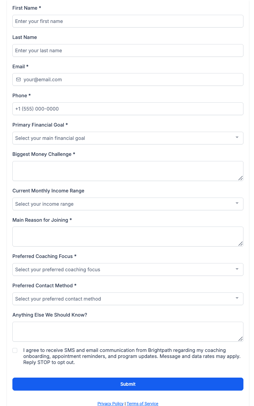 Brightpath onboarding form collecting client goals, financial situation, preferred communication, and coaching context.