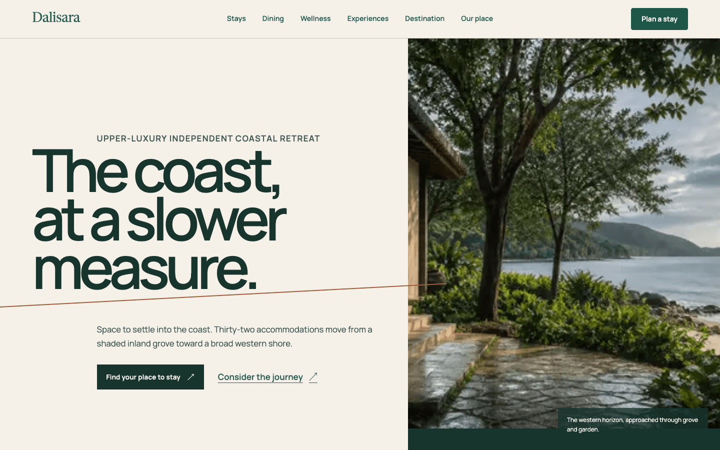 Dalisara homepage pairing editorial typography with a shaded coastal resort arrival.