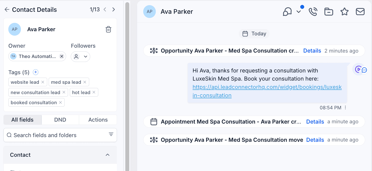 Sample contact record for Ava Parker showing lead tags, booked consultation status, and CRM activity.