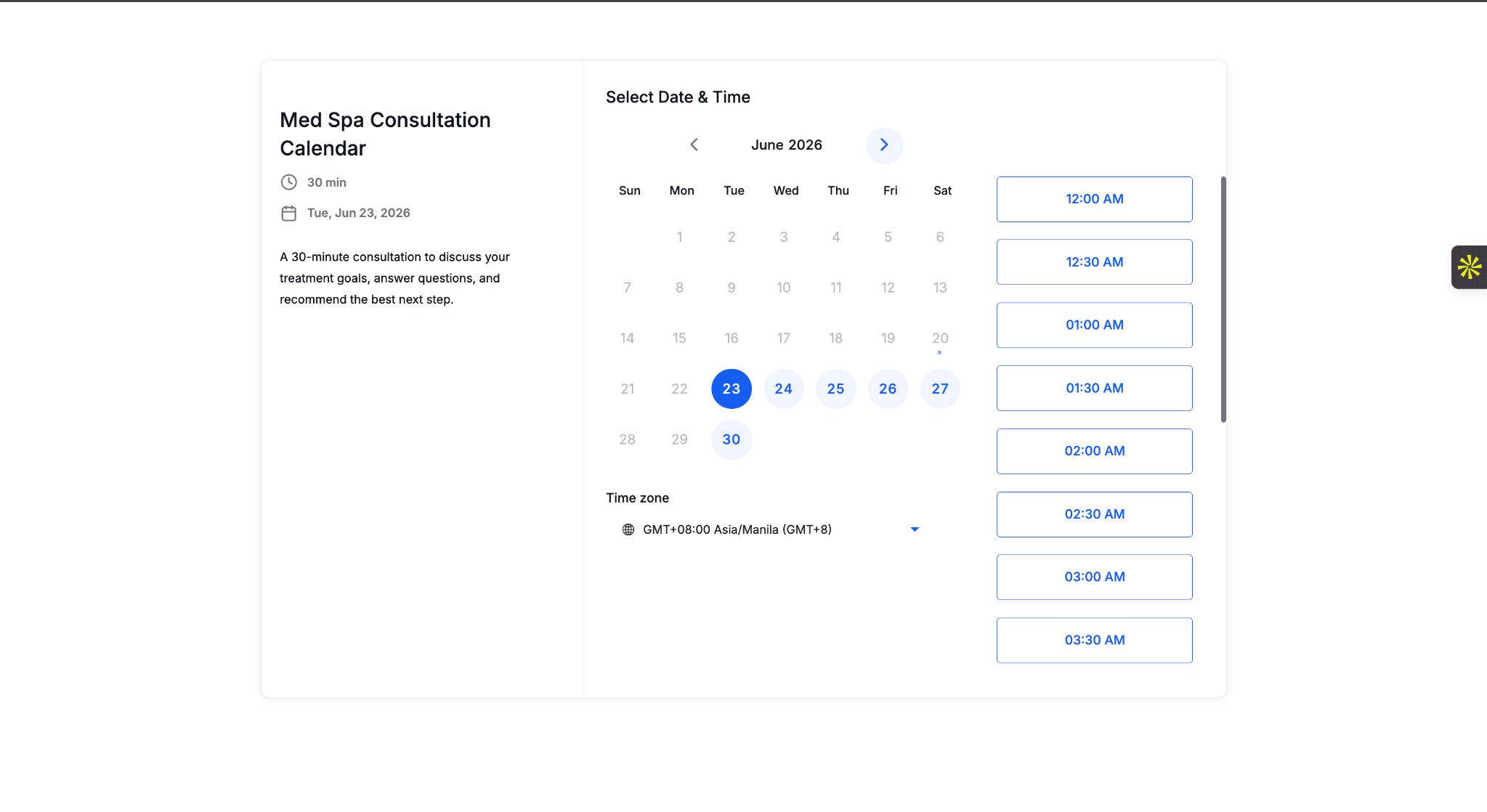 Med Spa Consultation Calendar showing available consultation dates and time slots.
