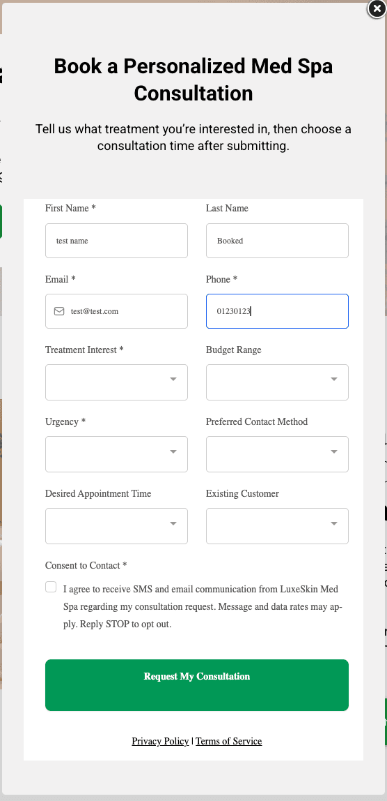 Consultation request form collecting name, email, phone, treatment interest, urgency, preferred contact method, and consent.
