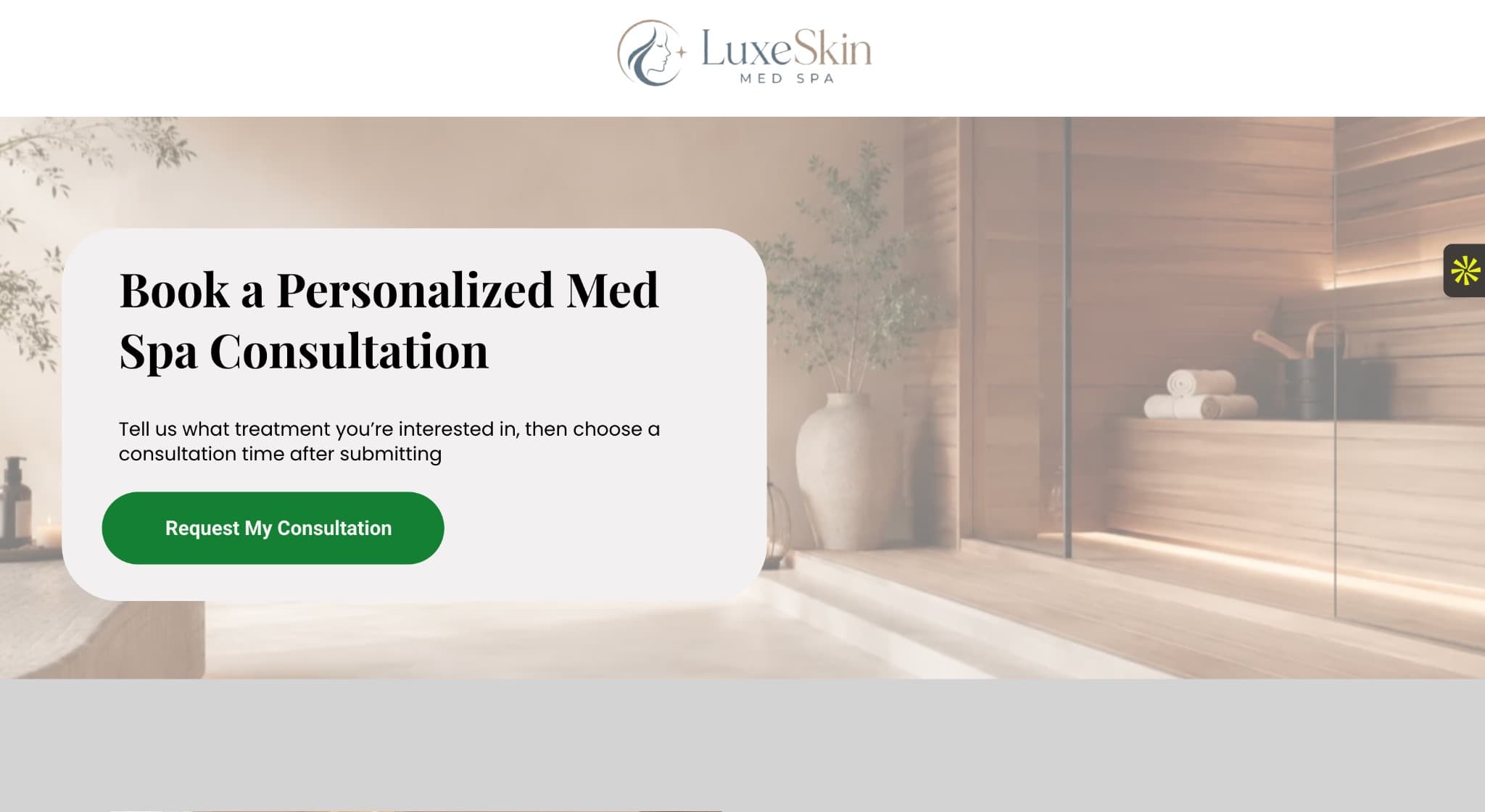 LuxeSkin Med Spa landing page hero with a request consultation call to action.