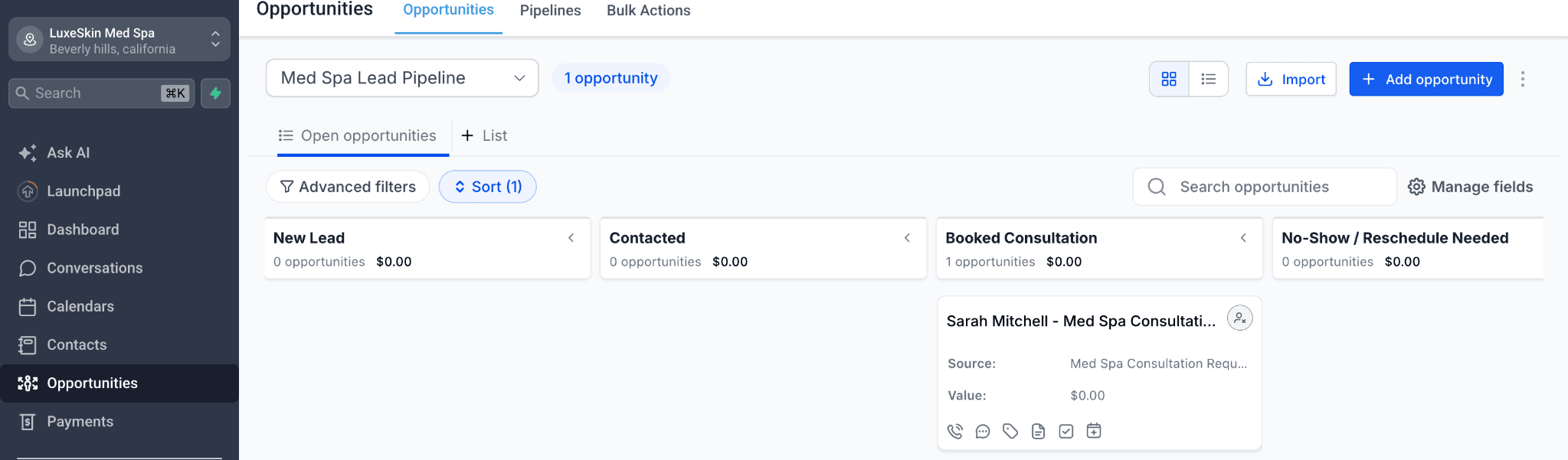 CRM opportunity pipeline showing one booked consultation opportunity for the med spa consultation request.