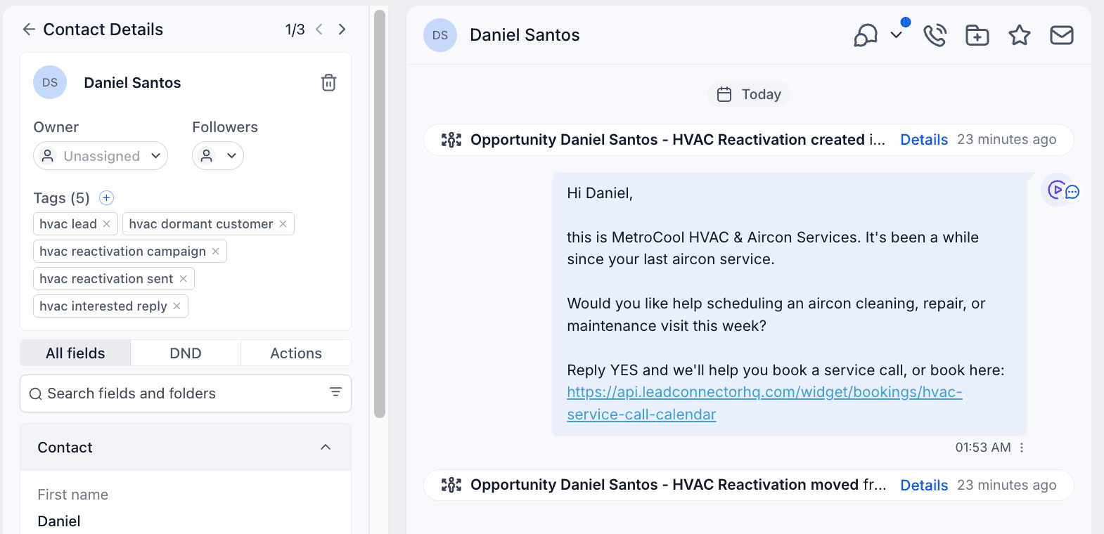 Sample contact activity record for Daniel Santos showing HVAC reactivation tags, message activity, and interested reply pipeline movement.