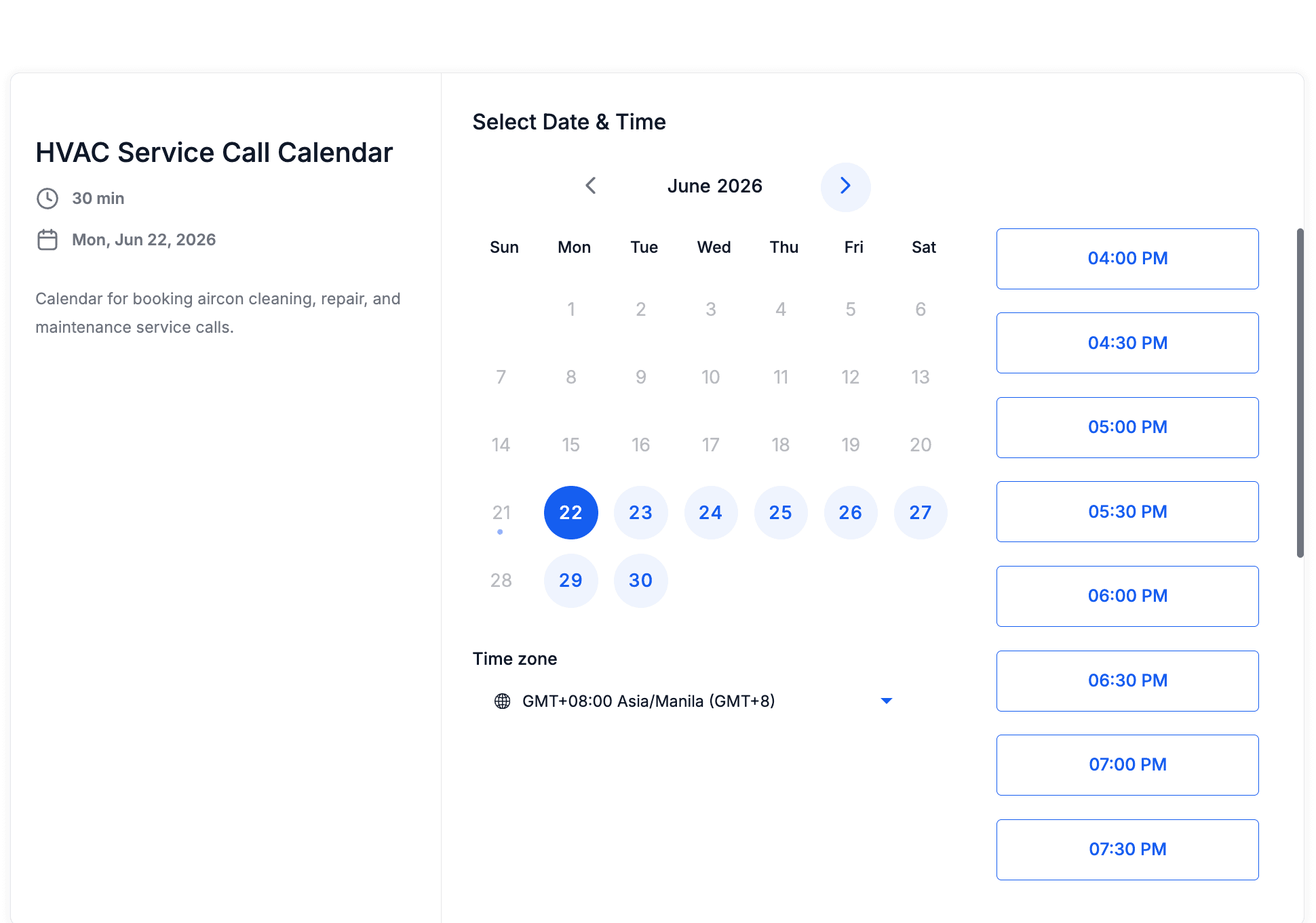 HVAC service call calendar showing available service appointment dates and time slots.