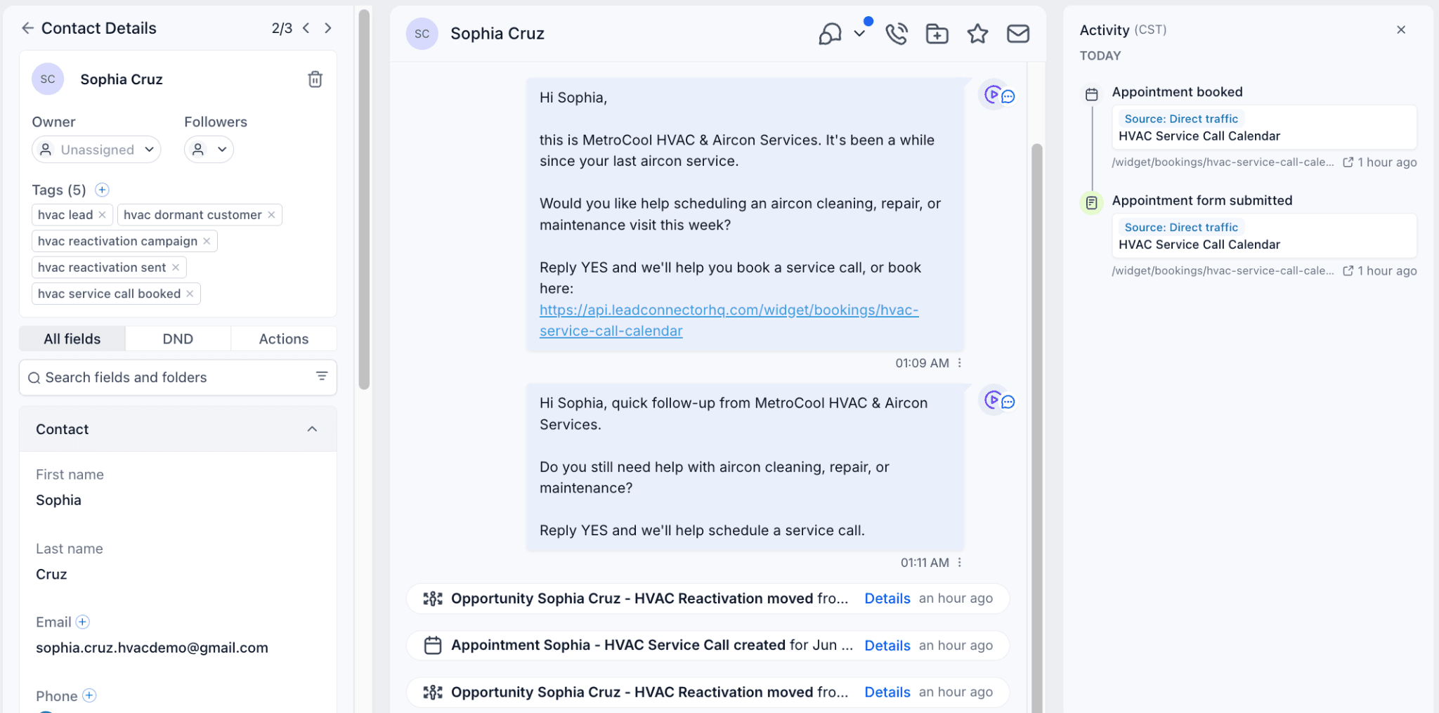 Sample contact activity record for Sophia Cruz showing HVAC reactivation messages, service call booking activity, and booked tags.