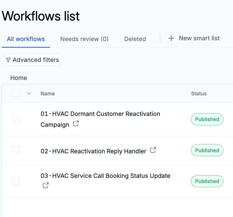 Published HVAC workflow list showing dormant customer reactivation, reply handler, and service call booking status update workflows.